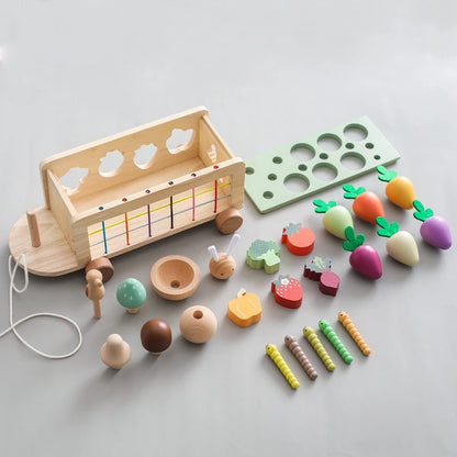 Montessori Wooden Baby Carrot Car Pulling Toy Stretch Rope Hand-Pulled Turnip Car Shape Matching Toy Parent-Child Education Toys