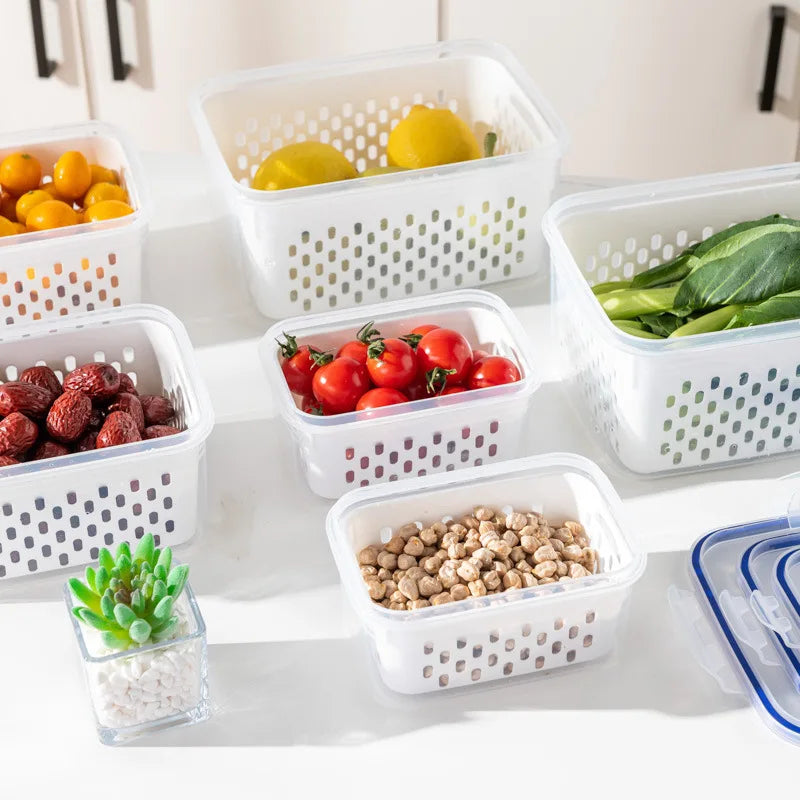 Refrigerator Storage Box with Drain Basket Multipurpose Organizer Fresh Vegetable Fruit Boxes Kitchen Organizer Containers 1PCS