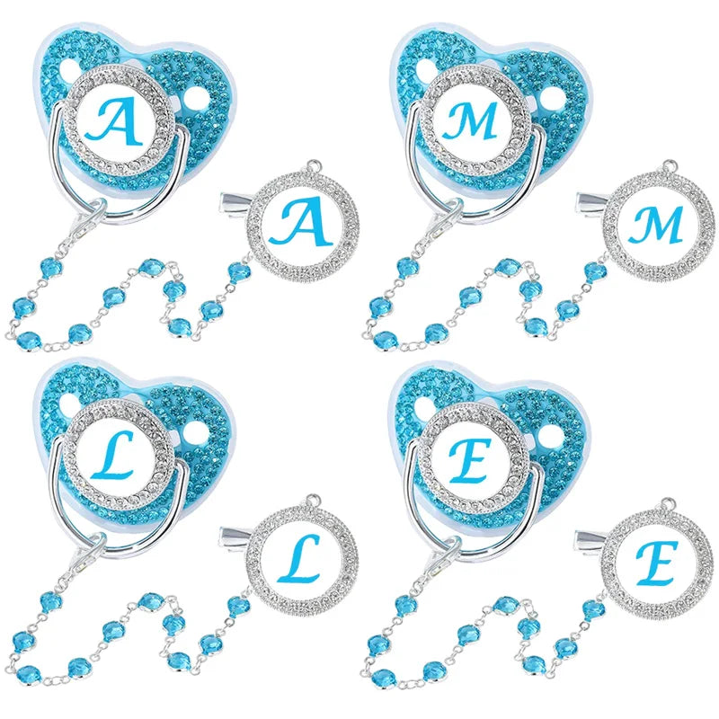 Blue Full Zircon Baby Pacifier Crystal Chain Clip Cover Set Letters Newborn Personalized Luxury Pacifiers Holder Silicone Nipple