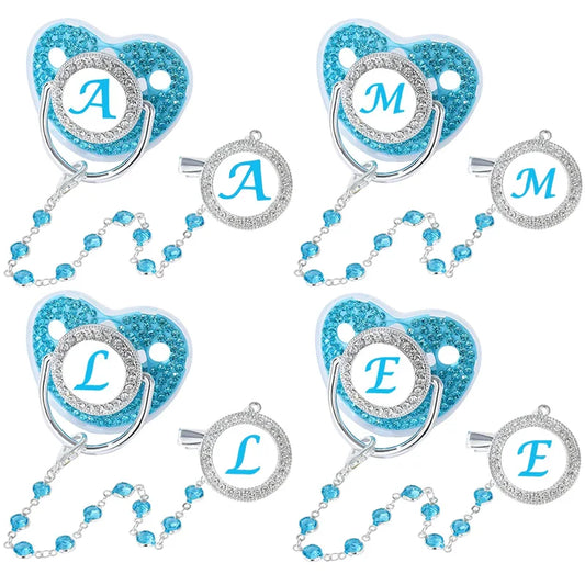 Blue Full Zircon Baby Pacifier Crystal Chain Clip Cover Set Letters Newborn Personalized Luxury Pacifiers Holder Silicone Nipple