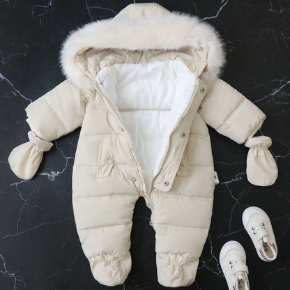 IYEAL Newborn Baby Boys Jumpsuit Winter Warm Cotton Infant Rompers With Gloves Hooded Fur Thicken Boys Snowsuit Girl Clothing