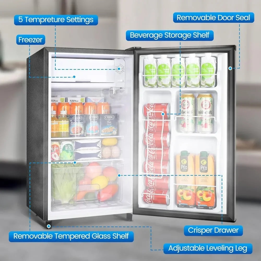 Mini Fridge with Freezer 3.2 Cu.Ft, Single Door Small Refrigerator, Energy-efficient Low Noise, Compact Fridge for Bedroom Dorm