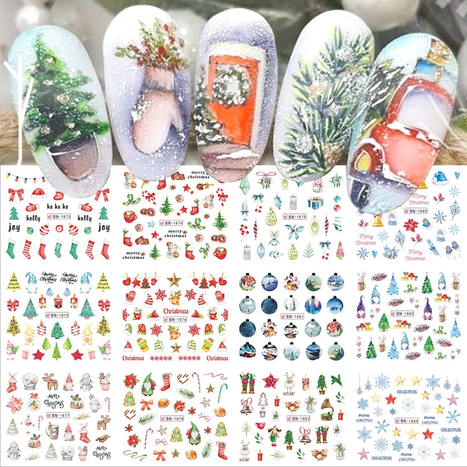 12pcs Christmas Crystal Ball Nail Sticker Winter Cartoon Nail Decal Letter Pine Leaf Snowflake Slider Decoration Watermarks JIBN