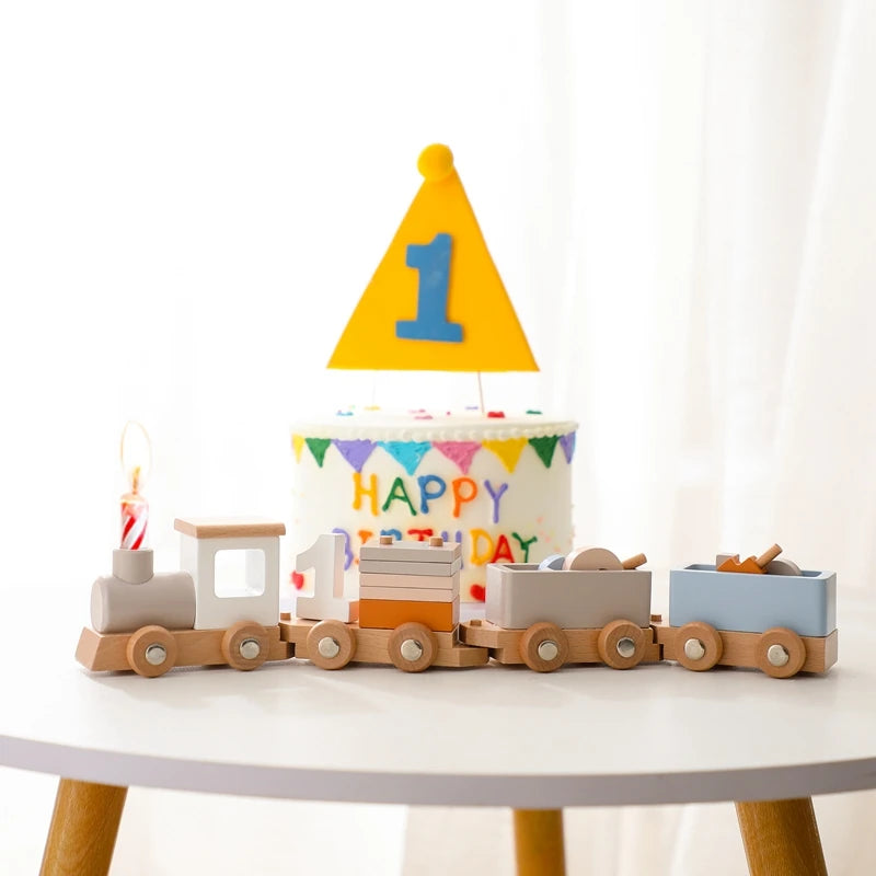 Wooden Birthday Train Toy Simulated Train Toy Model Baby Montessori Educational Toys Wooden Trolley Baby Learning Kid Toys Gifts