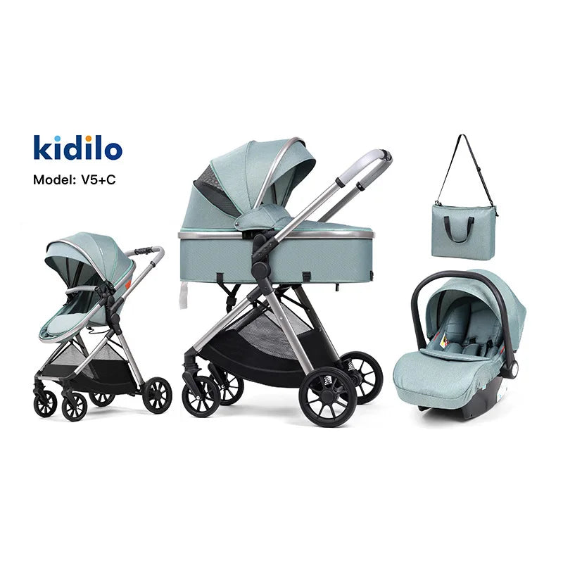 3 in 1 multifunctional baby stroller equipped with car seats for sitting and lying down, lightweight and comes with a mommy bag