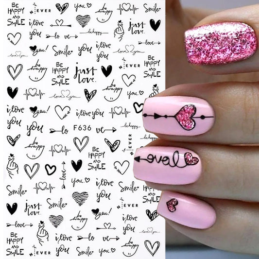 3D Nail Stickers Heart Love Geometry for Nails Gold Letter Stickers Face Gradient Adhesive Sticker Nail Design Art Decorations