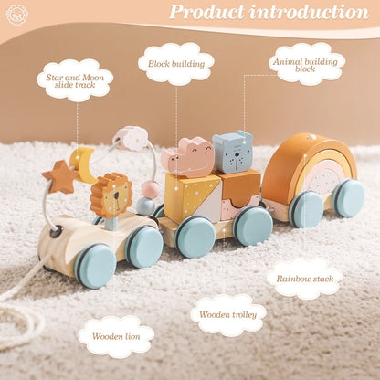 Baby Montessori Wooden Animal Zoo Train Thread Toys Wooden Blocks Trolley Infant Learning Educational Toy Children Stacking Toys