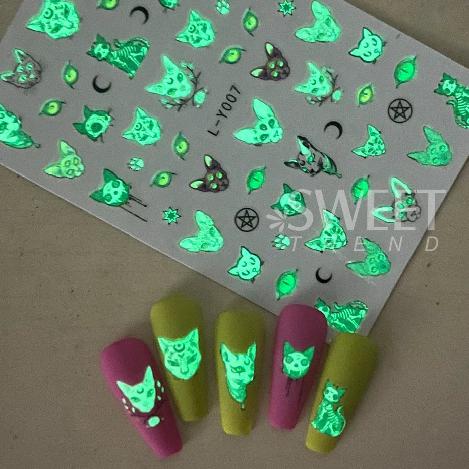 3D Black Human Silhouettes Nail Stiker Luminous Blooming Design Ghost Demon Cat Angel Butterfly DIY Slider Nail Foils Decoration