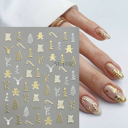3D Golden Christmas Nail Stickers Metallic Silver Deer Bear Snowflakes Star Nail Decals New Year Decoration 2024 Slider LEBSU-19