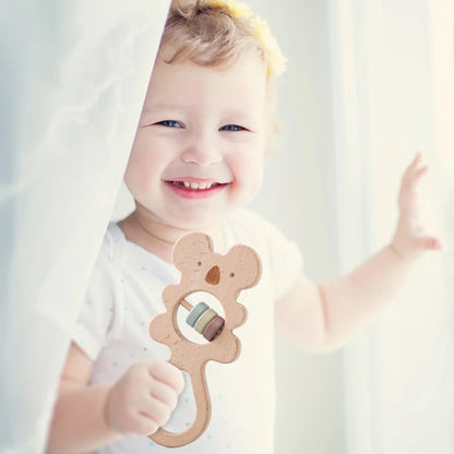 1PC Wooden Rattle Teether Beech Koala Elephant Handbells Rattles BPA Free Rodents Teething Necklace Food Grade Baby Chewable Toy