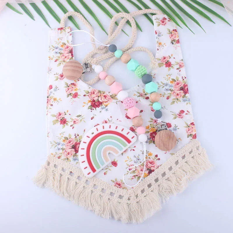 Silicone Dummy Clips Baby Pacifier Leashes & Cases  Infant Teething Toys Beech Cartoon Wooden Chewable Toy Newborn Shower Gifts