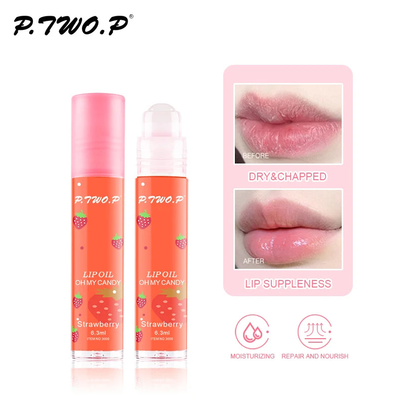 P.TWO.P Fruit Roll-On Lip Balm Makeup Strawberry Primer Moisturizing Transparent Lip Oil Long Lasting Hydrating Repair Lip Gloss