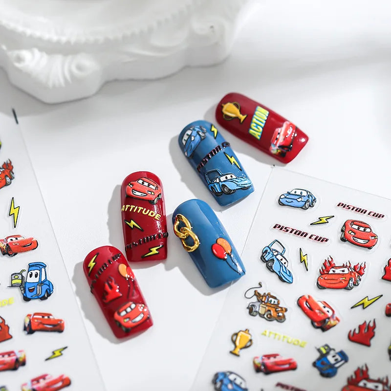 1PCS New Animation Cars Nail Stickers Disney Nail Art Supplies Disney Princess Mickey Mouse 5D Relief Stickers Nail Parts