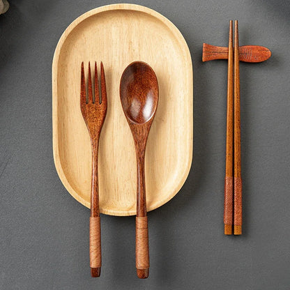 2Pcs Wooden Spoon Fork Dinnerware Set Long Wood Spoon and Fork Set Dessert Soup Spoon Dining Fork Portable Cutlery Tableware
