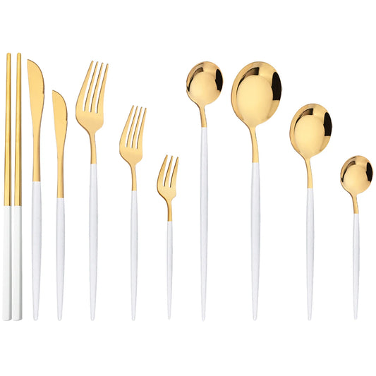 6Pcs White Gold Dinnerware Set Knife Fork Long Handle Spoons Chopsticks Flatware Cutlery Stainless Steel Tableware Silverware
