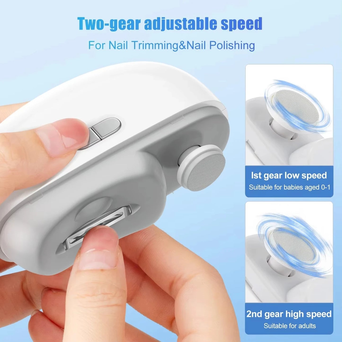 Automatic Electric Nail Clipper with Light & 2 Speeds, Nail Polisher 2 in 1 Design, Nail Clip Storage, USB Rechargeable Safety
