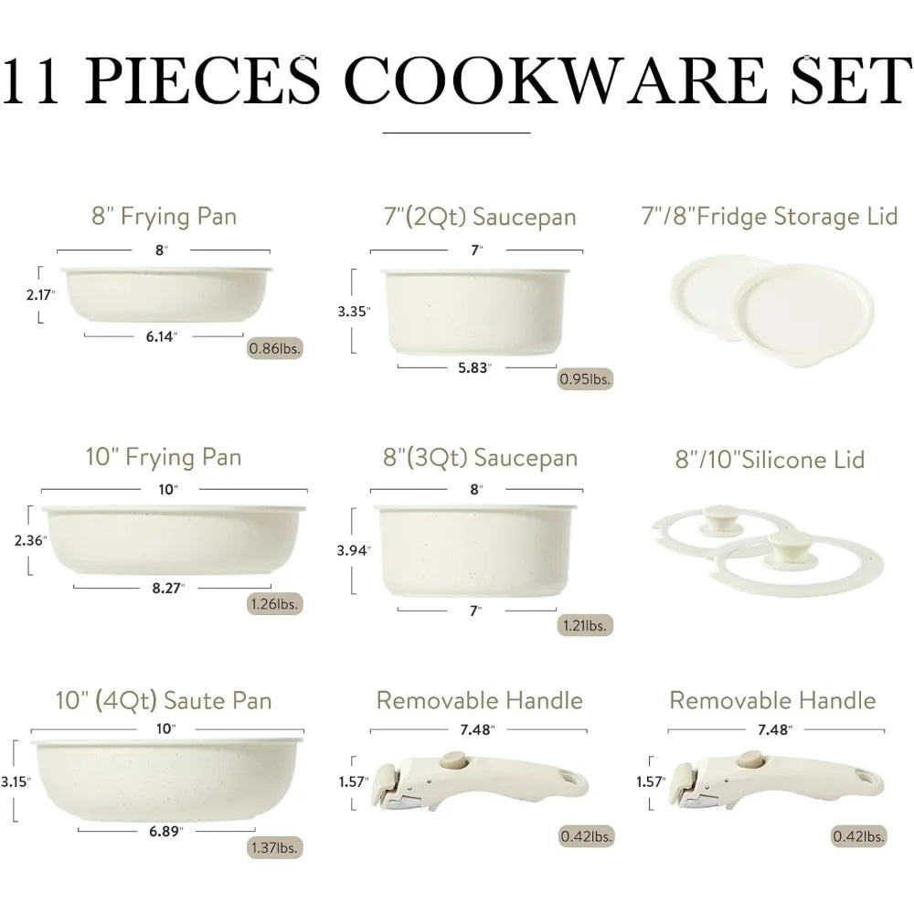 11pcs Pots and Pans Set, Nonstick Cookware Sets Detachable Handle, Induction RV Kitchen Set Removable Handle, Oven Safe