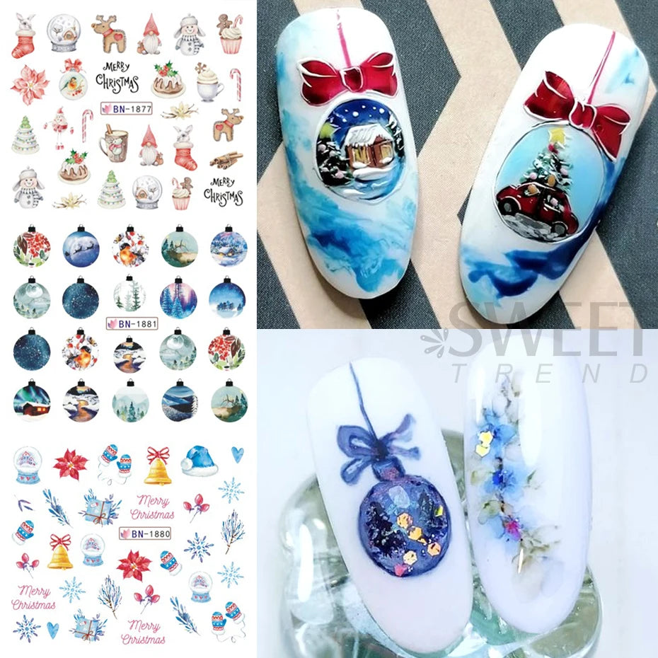 12pcs Christmas Crystal Ball Nail Sticker Winter Cartoon Nail Decal Letter Pine Leaf Snowflake Slider Decoration Watermarks JIBN