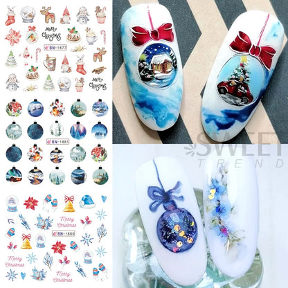 12pcs Christmas Crystal Ball Nail Sticker Winter Cartoon Nail Decal Letter Pine Leaf Snowflake Slider Decoration Watermarks JIBN