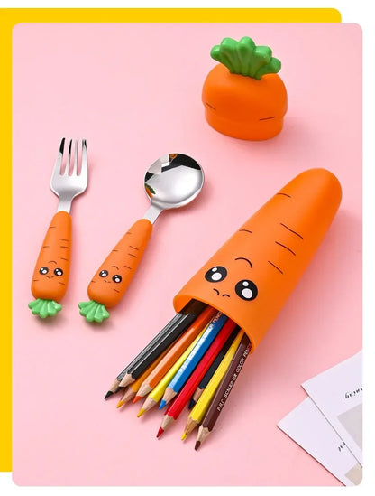 Cute Spoon Fork Tableware Children Carrots Feeding Vegetable Teaspoon Forks Flatware Kids Training Stainless Steel Dinnerware