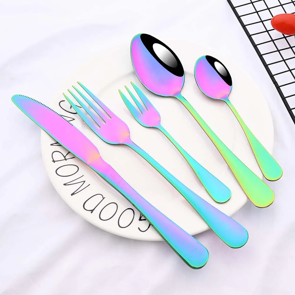 6/30Pcs Rainbow Dinnerware Stainless Steel Cutlery Set Knife Cake Fork Spoon Dinner Flatware Set Kitchen Silverware Tableware