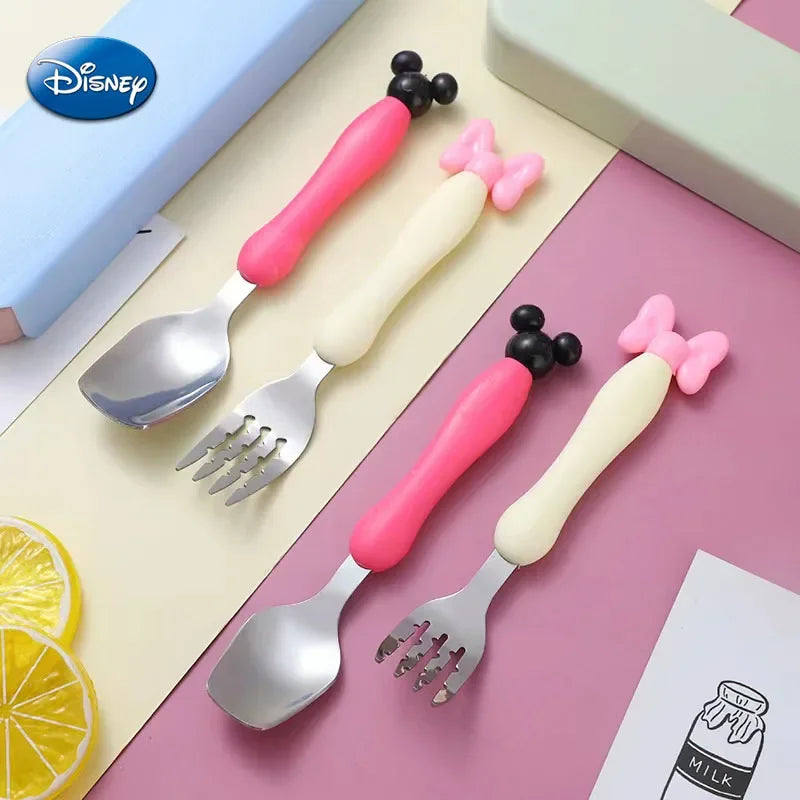 Disney Mickey Minnie Mouse Spoon Fork Tableware Cartoon Kids Dessert Spoon Fruit Fork Cutlery Set Children Food Picks Rice Spoon