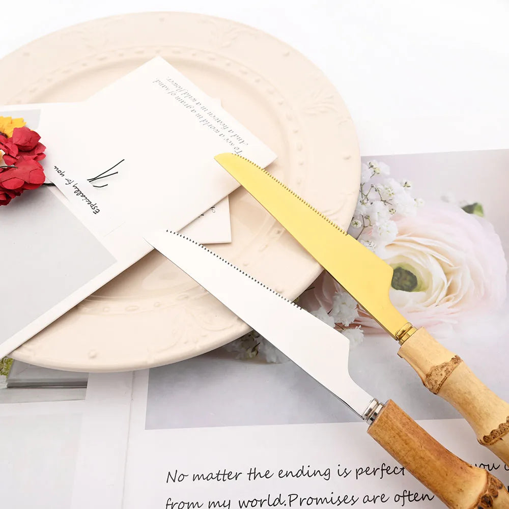 Drmfiy 4/20Pcs Natural Bamboo Handle Silver Dinnerware Set Stainless Steel Cutlery Set Kitchen Knife Fork Spoons Tableware Set