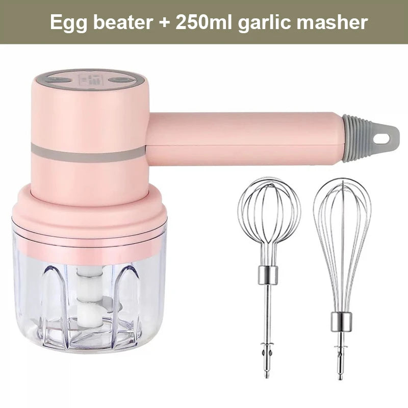 USB 2 In 1 Wireless Electric Garlic Chopper Masher Whisk Egg Beater 3-Speed Control with 2 Mixing Rods Kitchen Handheld Frother