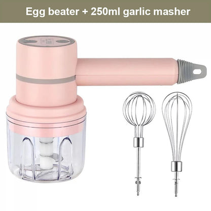 USB 2 In 1 Wireless Electric Garlic Chopper Masher Whisk Egg Beater 3-Speed Control with 2 Mixing Rods Kitchen Handheld Frother
