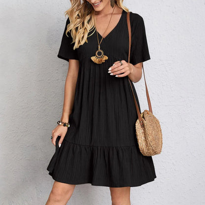Pleated Ruffle V-Neck Mini Dress