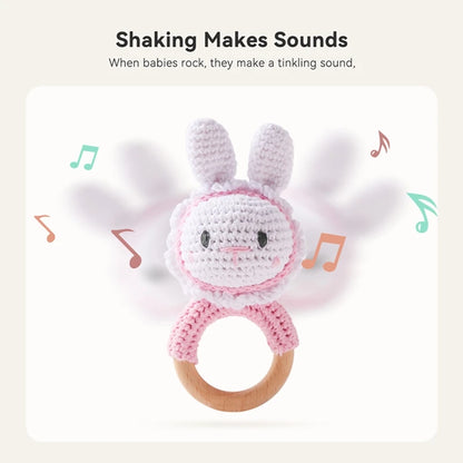 1PC Baby Wooden Rattle Toys Crochet Cartoon Rabbit Rattle Music Toy Teether Ring Baby Teether Rodent Gym Mobile Rattles Toy Gift