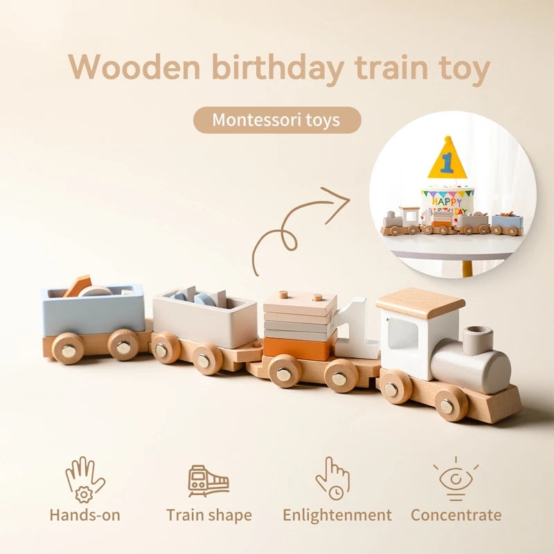 Baby Montessori Wooden Birthday Train Toy Simulated Train Toy Model Educational Toys Wooden Trolley Baby Learning Kid Toys Gifts