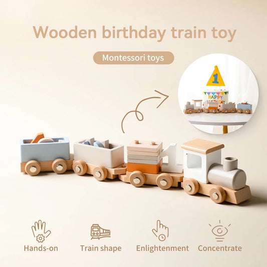 Baby Montessori Wooden Birthday Train Toy Simulated Train Toy Model Educational Toys Wooden Trolley Baby Learning Kid Toys Gifts