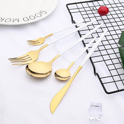 24/30Pcs Stainless Steel Tableware Cutlery Set White Gold Dinnerware Set Knife Cake Fruit Fork Spoon Flatware Set Party Supply