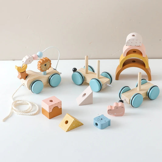 Baby Montessori Wooden Animal Zoo Train Thread Toys Wooden Blocks Trolley Infant Learning Educational Toy Children Stacking Toys