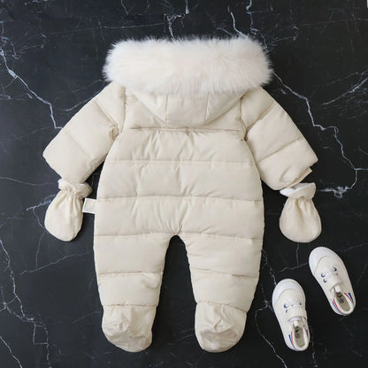 IYEAL Newborn Baby Boys Jumpsuit Winter Warm Cotton Infant Rompers With Gloves Hooded Fur Thicken Boys Snowsuit Girl Clothing