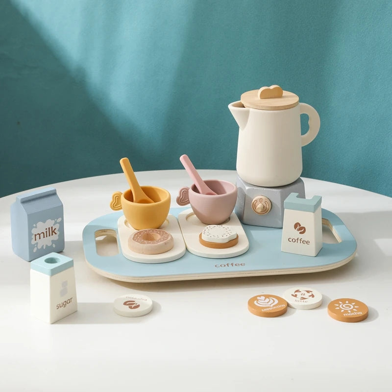 Wooden Coffee Afternoon Tea Set Toy Kid Pretend Kitchen Teapot Teacup BPA Free Silicone Role Play Game Early Montessori Toy Gift