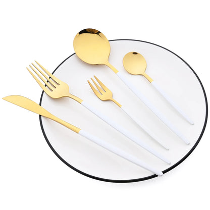 6Pcs White Gold Dinnerware Set Knife Fork Long Handle Spoons Chopsticks Flatware Cutlery Stainless Steel Tableware Silverware
