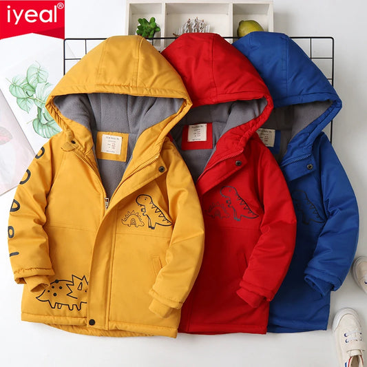 IYEAL Children's Coat Cartoon Dinosaurs Kids Clothes Cotton Padded Warm Velvet Windproof Hooded Jacket Boys Thickened Outwear