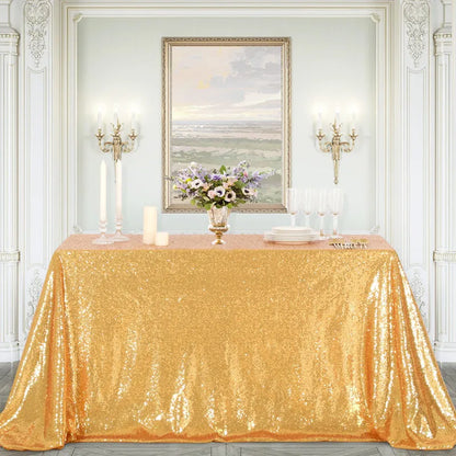 Gold Sequin Tablecloth 108x50 Inch-Rectangle Table Cover Overlay for Wedding Baby Birthday Cake Table Holiday Banquet Decoration