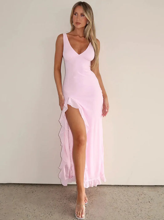 Deep V-Neck Ruffle Maxi Dress