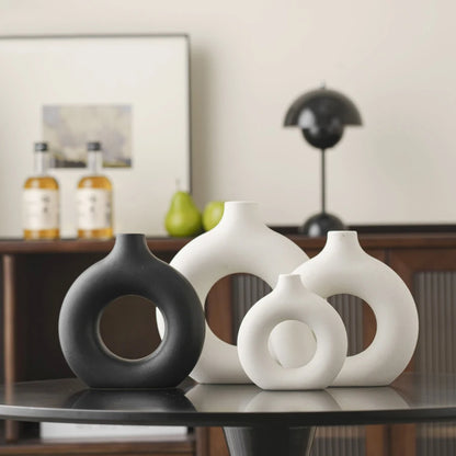 White Beige Ceramic Vase for Decor