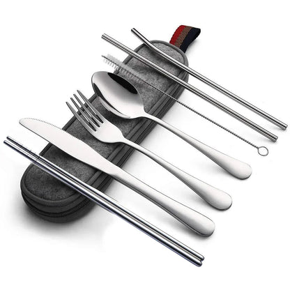 8Pcs/set Tableware Reusable Travel Cutlery Set Camp Utensils Set with stainless steel Spoon Fork Chopsticks Straw Portable case