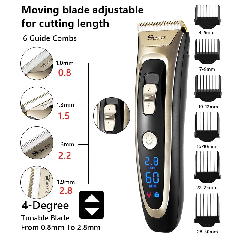 Professional Digital Hair Trimmer Rechargeable Electric Hair Clipper Men's Cordless Haircut Adjustable Ceramic Blade Man Shaver