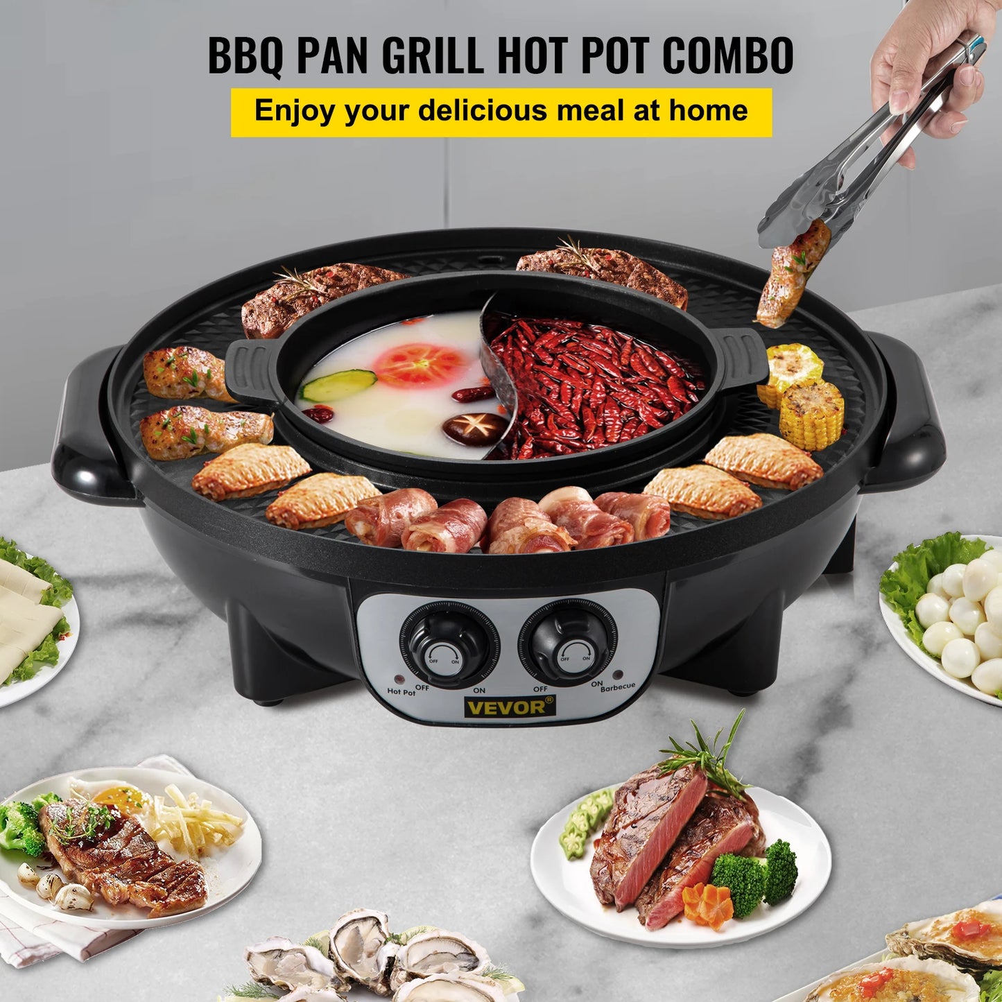 VEVOR 2 in 1 Electric Hot Pot BBQ Grill 2200W Multifunction Portable Home Non-Stick Split Pot Smokeless Skillet Barbecue Pan