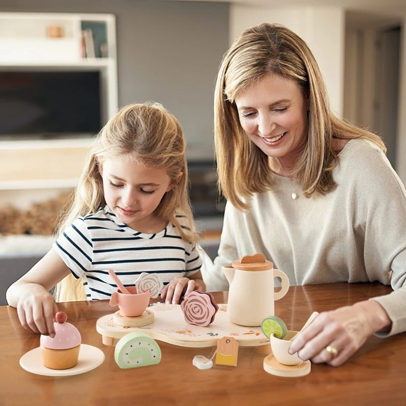 Wooden Afternoon Tea Set Toy Kitchen Utensil BPA Free Pretend Play Food Learning Role Play Game Early Educational Toy Kids Gifts