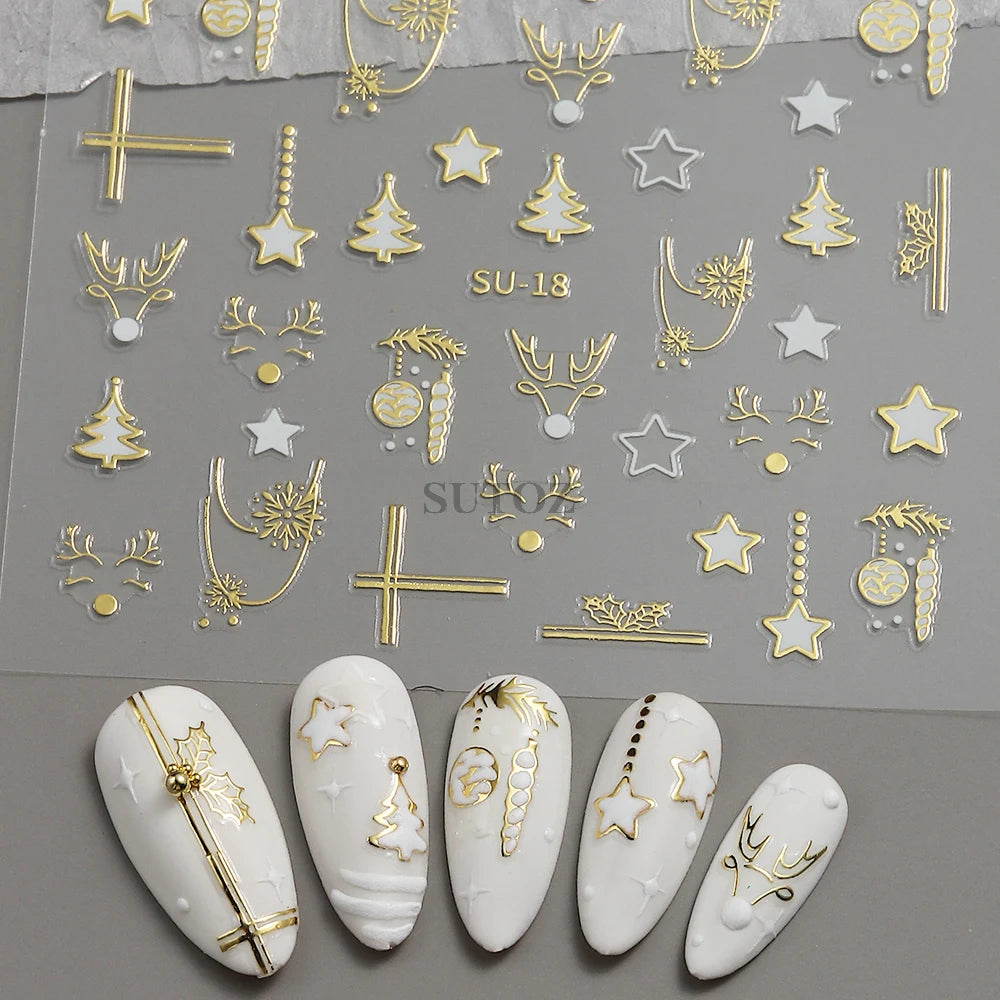 3D Golden Christmas Nail Stickers Metallic Silver Deer Bear Snowflakes Star Nail Decals New Year Decoration 2024 Slider LEBSU-19