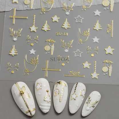 3D Golden Christmas Nail Stickers Metallic Silver Deer Bear Snowflakes Star Nail Decals New Year Decoration 2024 Slider LEBSU-19