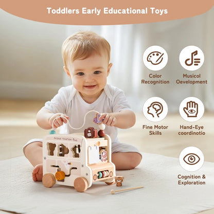Baby Wooden Montessori Toy Baby Five-in-on Car Toy Polyhedron Busy Bus Toy Kids Early Education Hand Brain Sense Organ Toys Gift