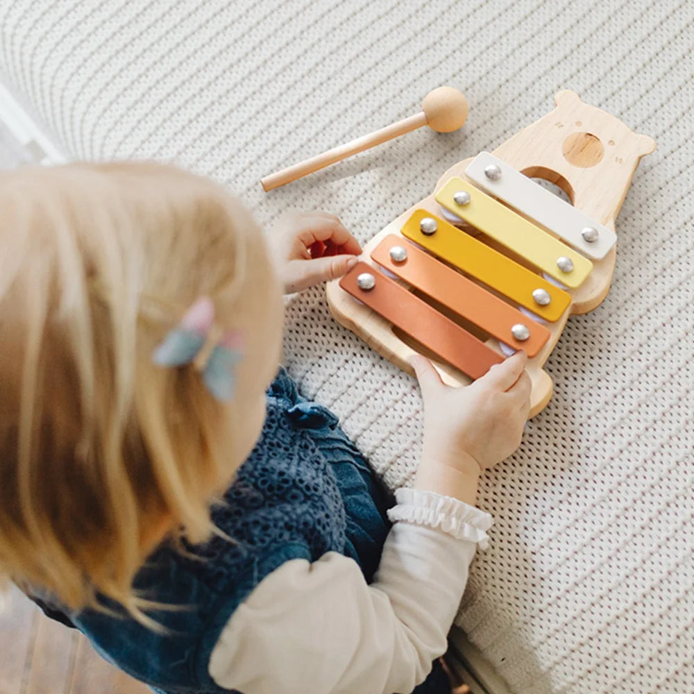 Baby Wooden Musical Instruments Toys Cartoon Bear Percussion Instruments Drum Piano Montessori Toys for Bewvorn Birthday Gifts